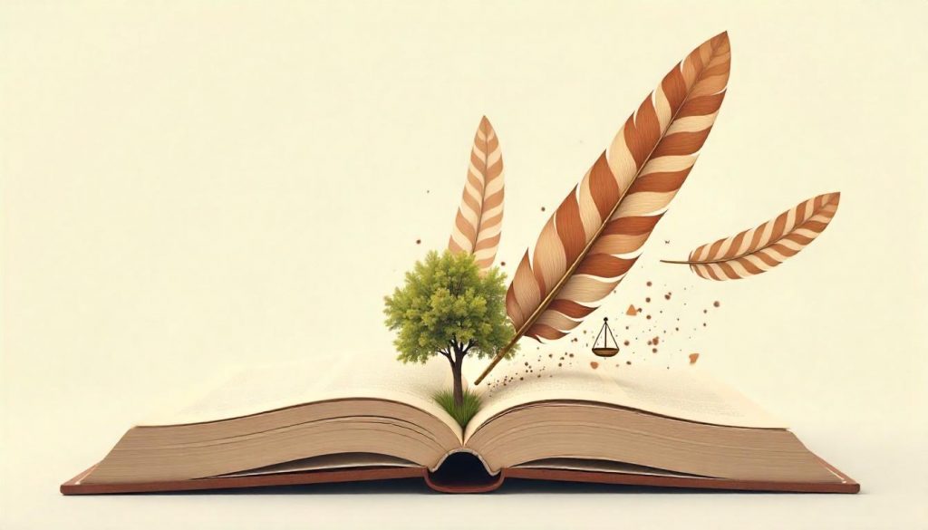 An open book with pages turning into flying brown striped feathers, surrounded by symbols of guidance, growth, and harmony.