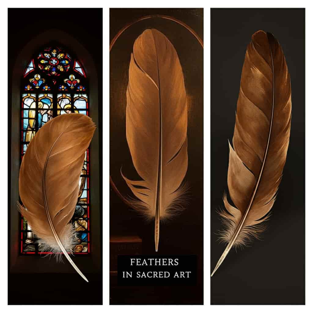 Triptych of religious artworks featuring brown feathers in stained glass, Renaissance painting, and modern abstract styles, titled "Feathers in Sacred Art".