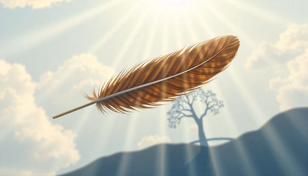 A floating brown striped feather with light rays, casting a tree-shaped shadow, surrounded by growth and connection symbols.