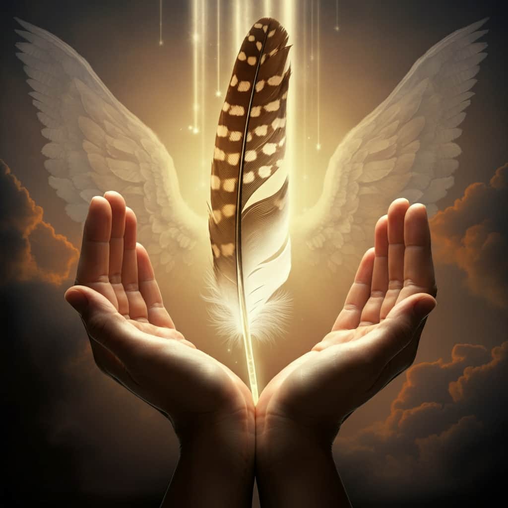 Hands cupping a glowing brown and white feather with faint angel wings in the background and light streams