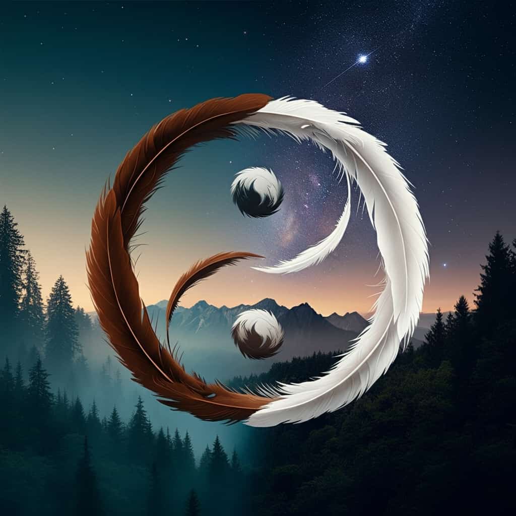 Yin-yang symbol made of intertwining brown and white feathers floating above a split landscape of forest and starry sky