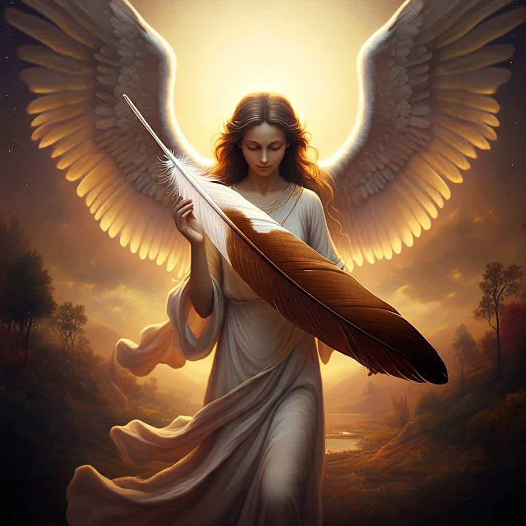 An angelic figure with outstretched wings, holding a brown and white feather. The figure is surrounded by a soft, golden glow. In the background, a serene landscape blends earthy and celestial elements.