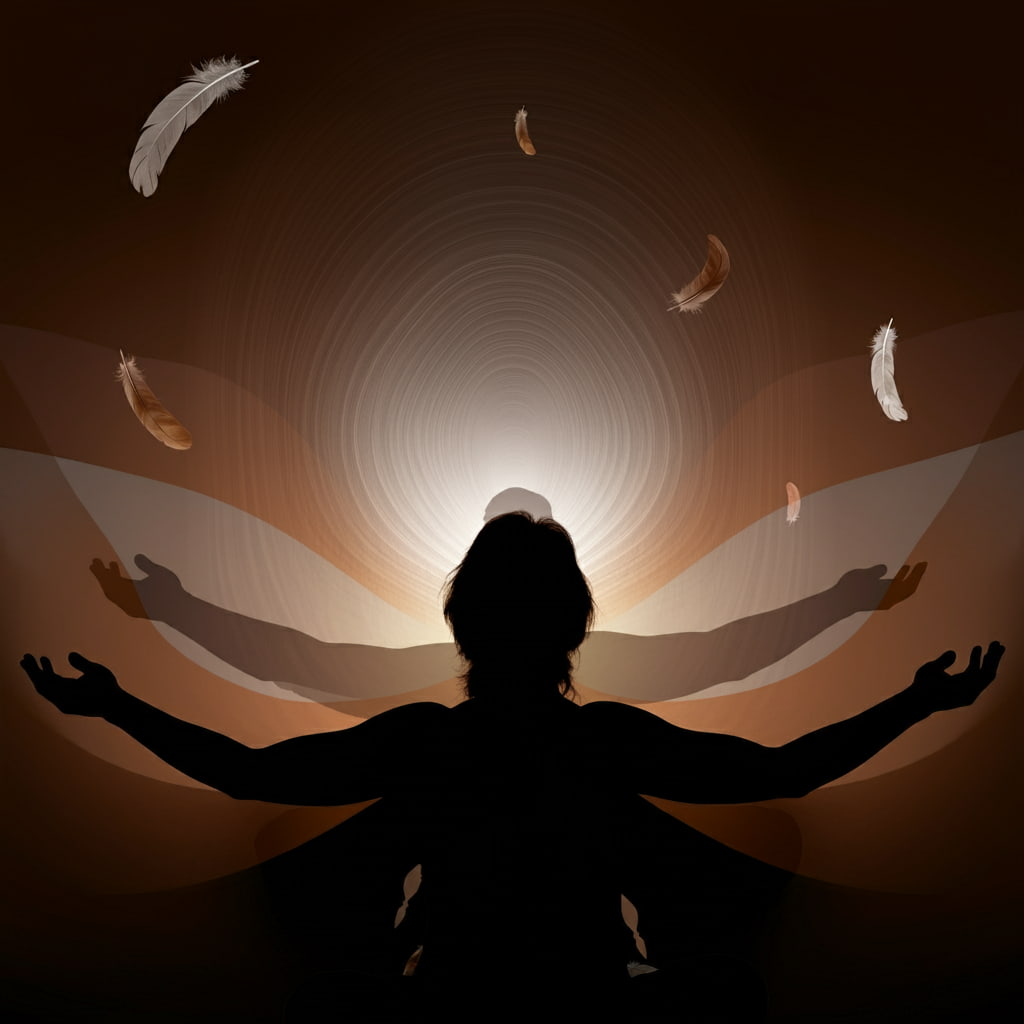 Silhouette of a person with brown, white, and blended auras, surrounded by floating brown and white feathers