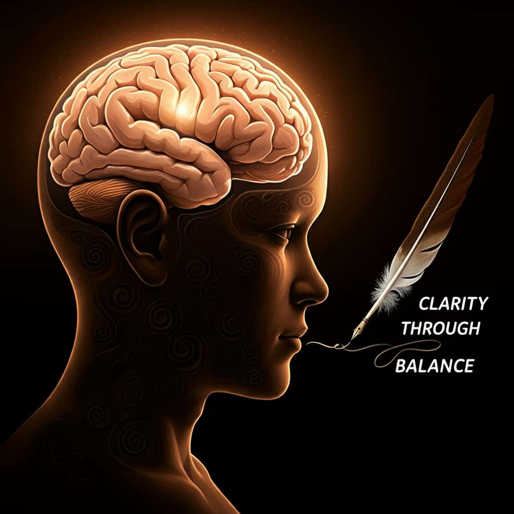 Human head profile with brain filled with brown and white patterns, a feather quill writing luminous thoughts, and text "Clarity Through Balance"
