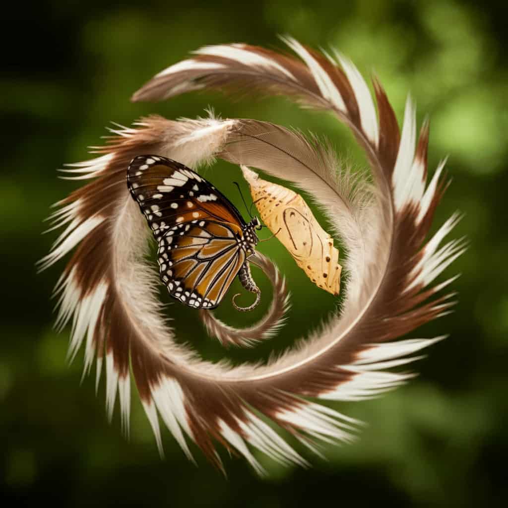Spiral of feathers transitioning from brown to white, with a butterfly emerging from a cocoon in the center