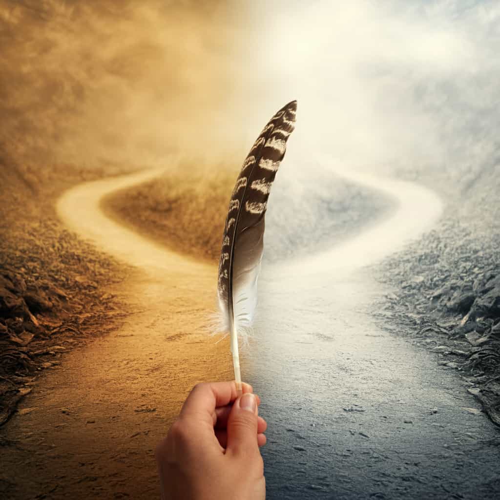 Person at crossroads holding a brown and white feather pointing to a balanced middle path between earthy and ethereal routes