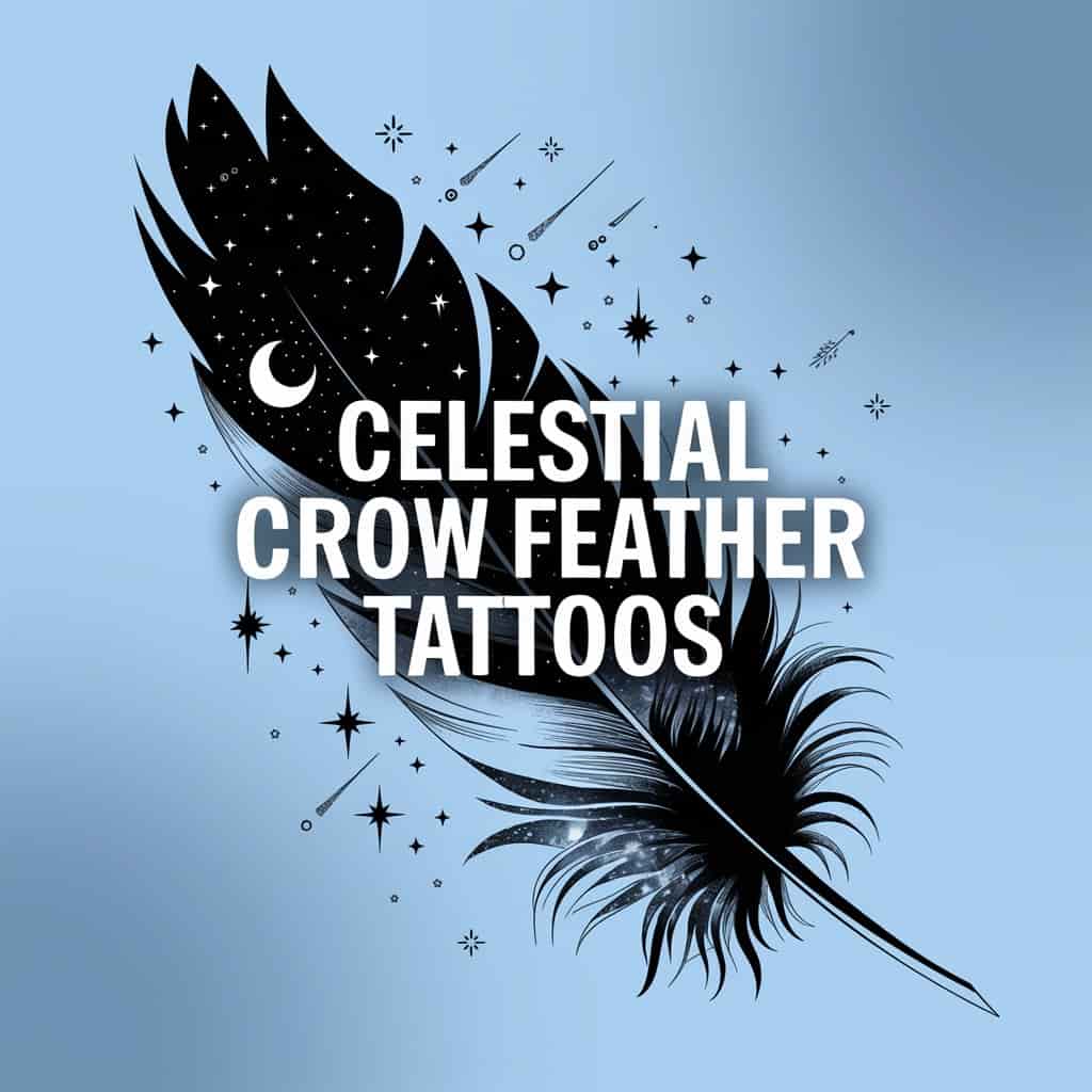 A crow feather tattoo transitioning into a night sky filled with stars and a crescent moon, illustrating the incorporation of celestial elements in crow feather tattoos.