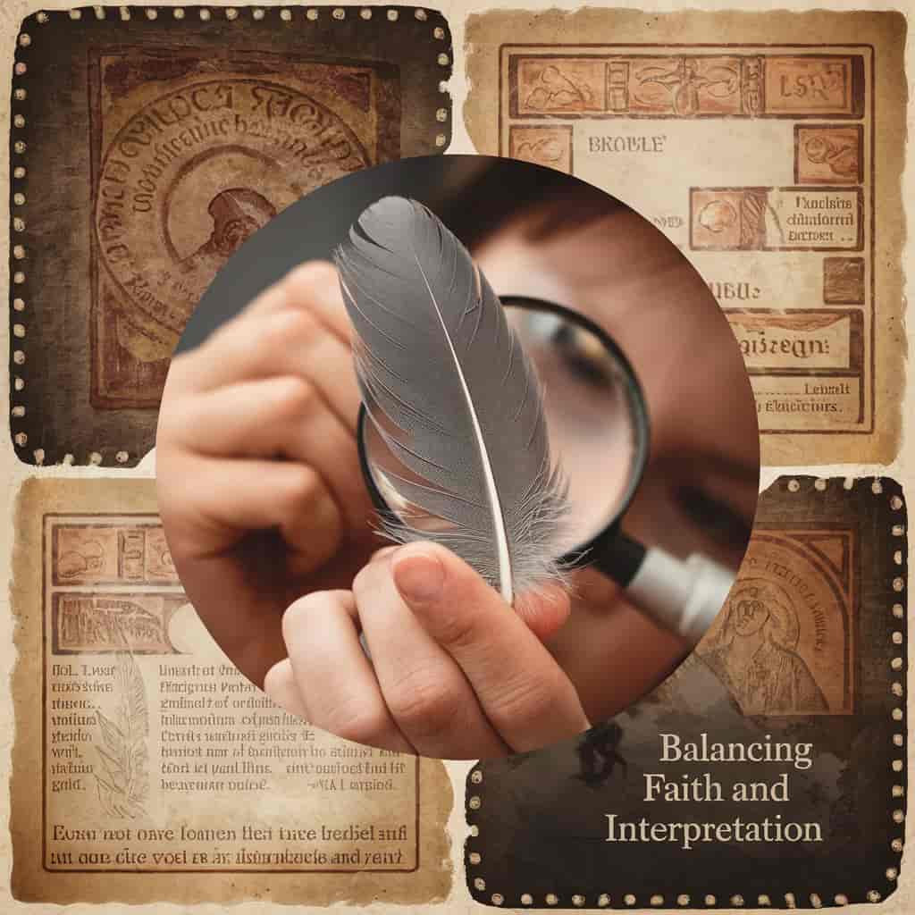A person examines a grey feather through a magnifying glass with religious texts and symbols in the background, illustrating the challenges of interpreting grey feather symbolism in a biblical context.