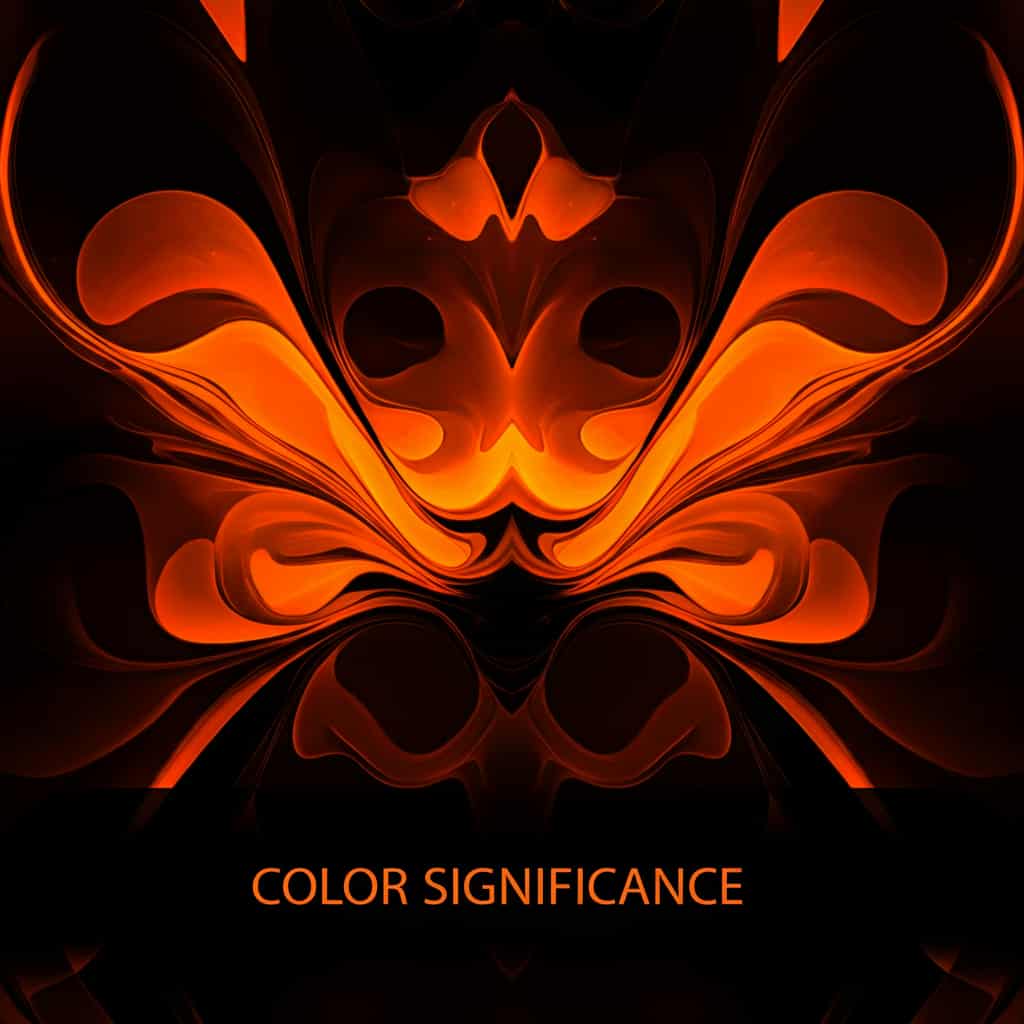 A vibrant display contrasting bright oranges against deep blacks in abstract patterns, symbolizing spiritual meanings. The title, Color Significance is shown at the bottom of the image