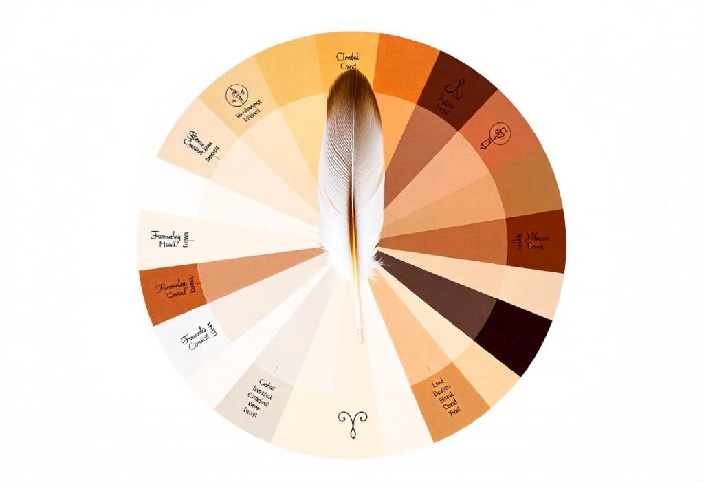 Color wheel featuring white and brown shades with a central white feather with brown tip, surrounded by spiritual and earthly symbols.