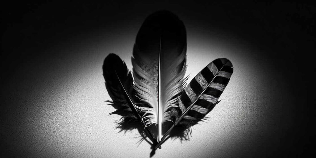 Three feathers - black, grey, and black and grey - arranged in a triangle, each emitting a unique aura to illustrate their different spiritual meanings.