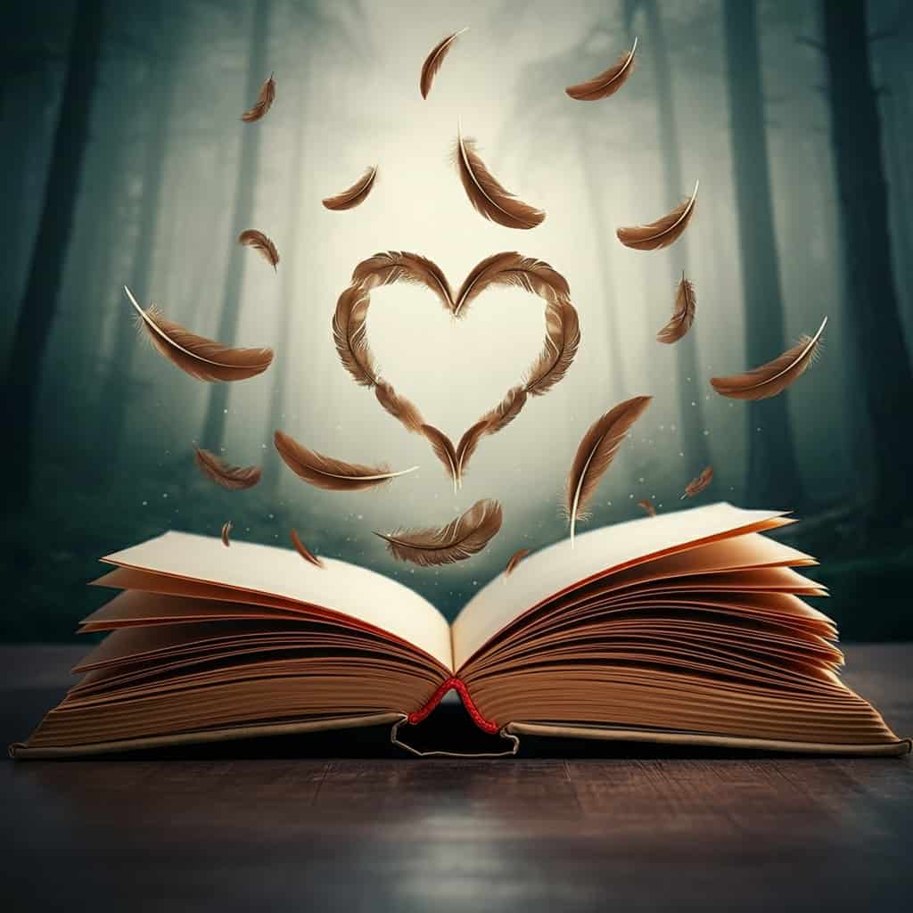 An open book with pages turning into flying brown feathers, a heart made of feathers on one page, set against a misty forest backdrop, illustrating the interpretation of love messages