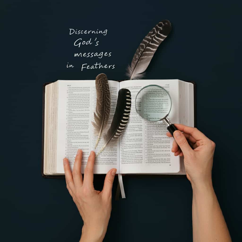 An open Bible with grey and black feather bookmarks under a magnifying glass, representing the process of interpreting divine messages through feathers in Christian faith.