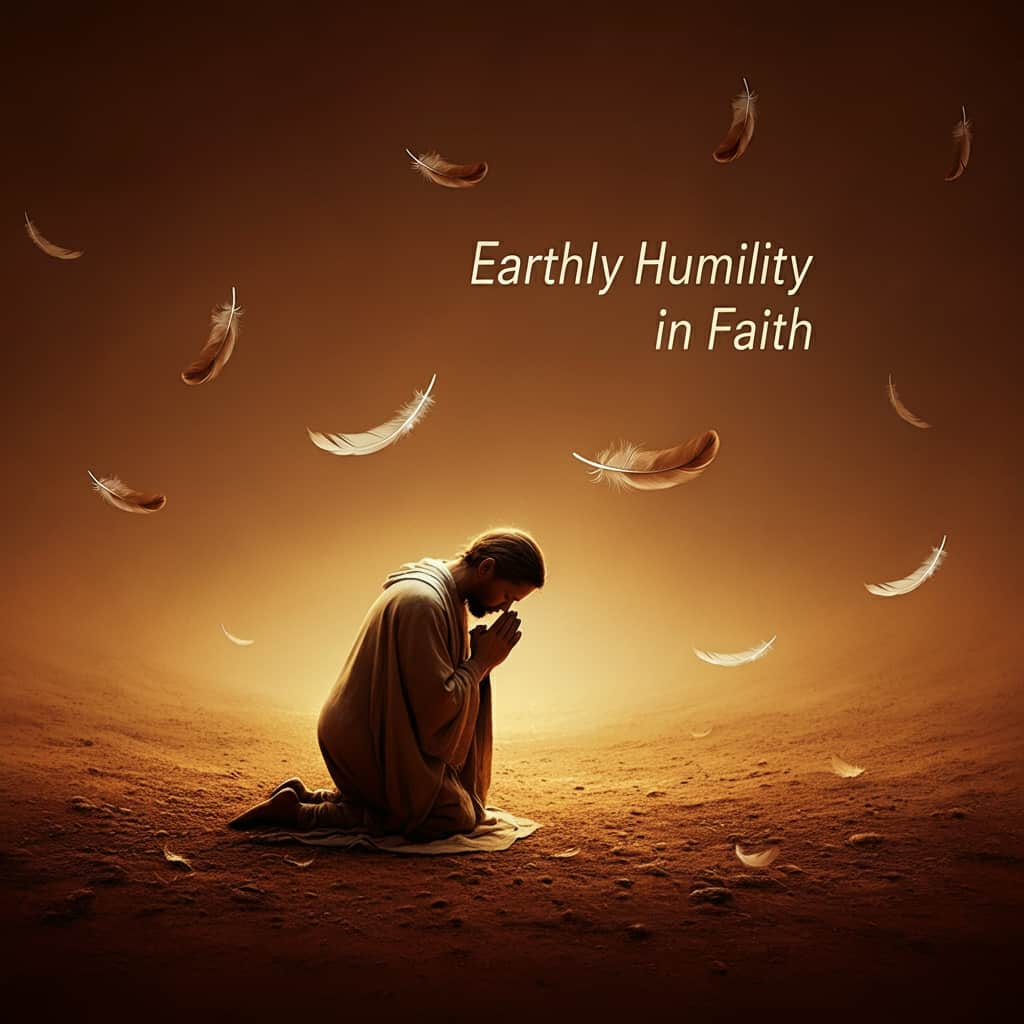 Illustration of person praying on brown ground with falling feathers, representing earthly connections and humility in Christian faith, titled "Earthly Humility in Faith".
