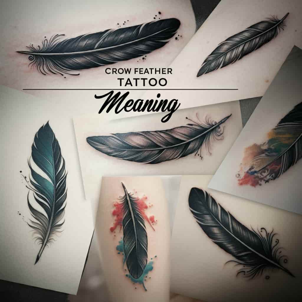 A collection of diverse crow feather tattoo designs including realistic, watercolor, and stylized styles against a subtle background, showcasing their meanings.