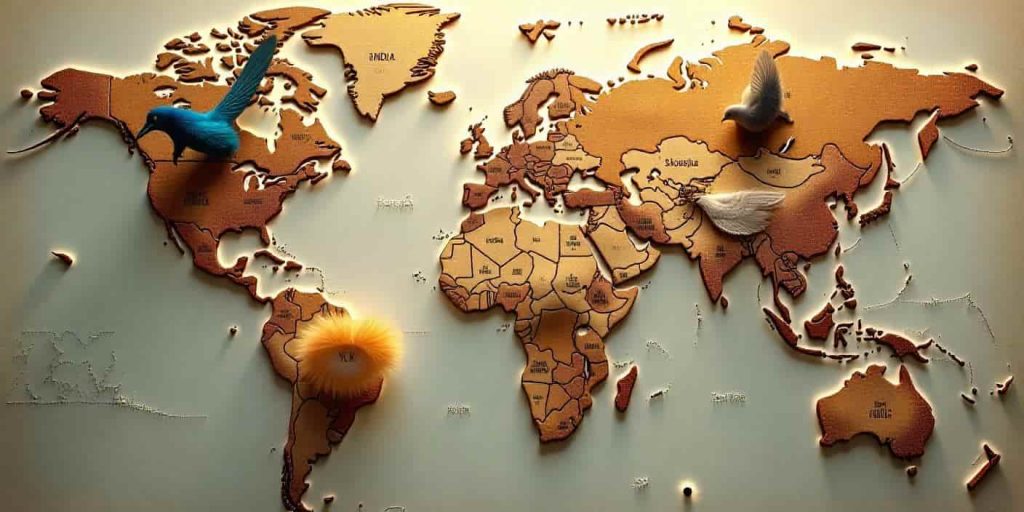 A world map with different regions represented by culturally significant feathers, such as a Native American eagle feather, Indian peacock feather, and Middle Eastern dove feather, illustrating global feather symbolism.