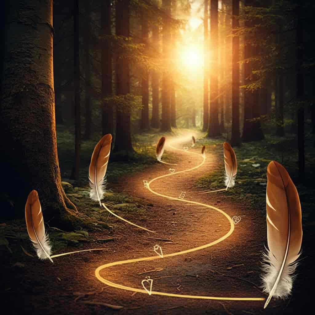 A winding forest path marked with brown feathers leading to a warm, glowing light, symbolizing guidance in love.