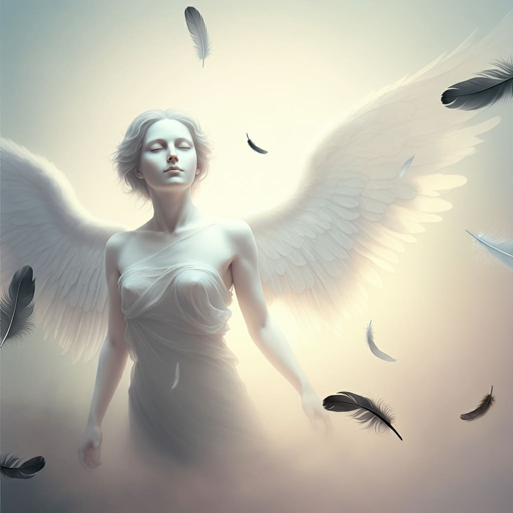 A translucent angelic figure surrounded by falling grey and black feathers, symbolizing divine messengers and guidance in Christian belief.