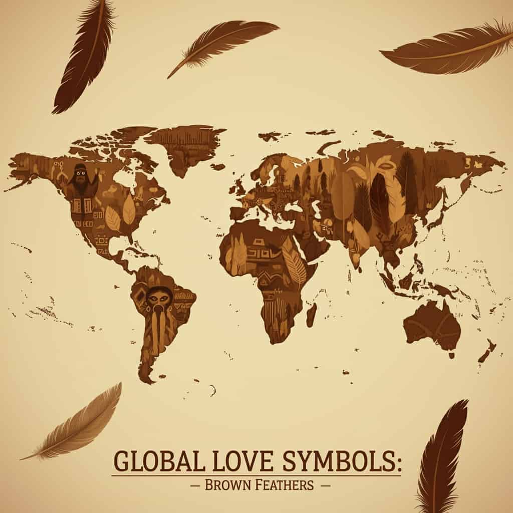 A world map with continents depicted using cultural symbols related to brown feathers and love, scattered with small brown feathers, illustrating diverse cultural interpretations, with the title "Global Love Symbols: Brown Feathers" shown.