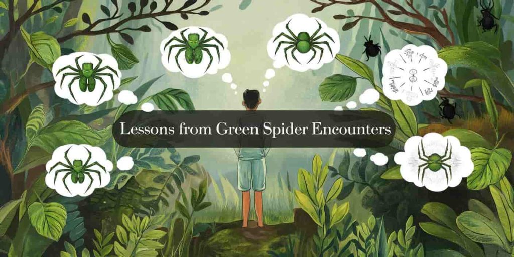 Illustration of a person in a forest surrounded by green spiders, with thought bubbles representing various life lessons and messages associated with green spider encounters.