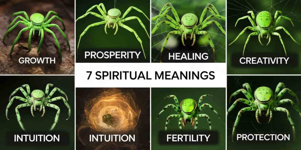 Collage of seven images depicting green spiders in various settings, each representing a different spiritual meaning such as growth, prosperity, and healing.