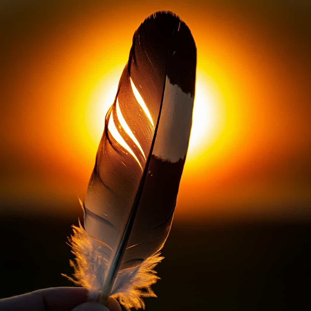 A feather half grey and half black blending in the middle, set against a rising sun, representing spiritual transformation and growth in biblical context.