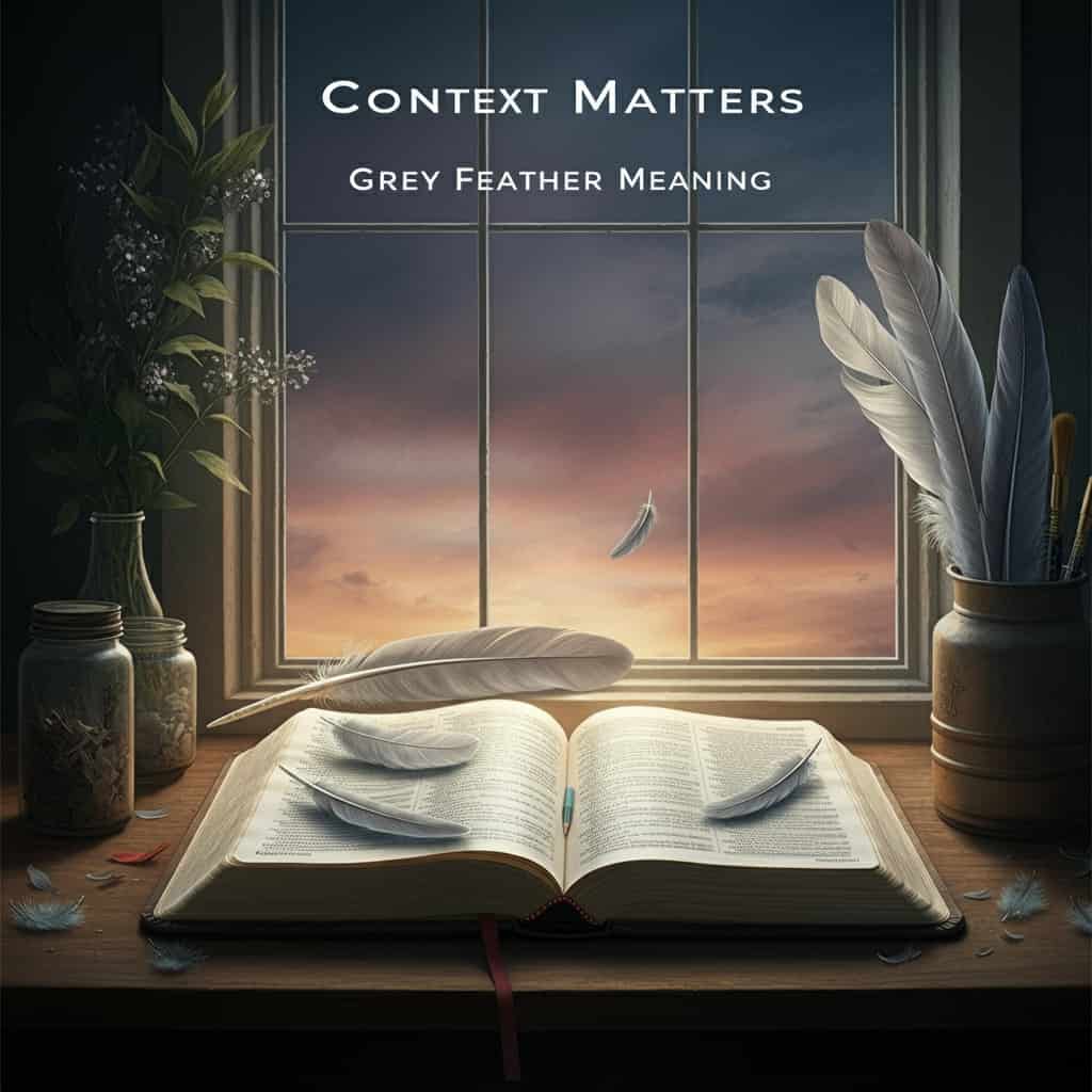 A study desk with an open Bible, journal, and grey feathers, set against a changing sky, emphasizing the importance of context in interpreting grey feathers biblically.
