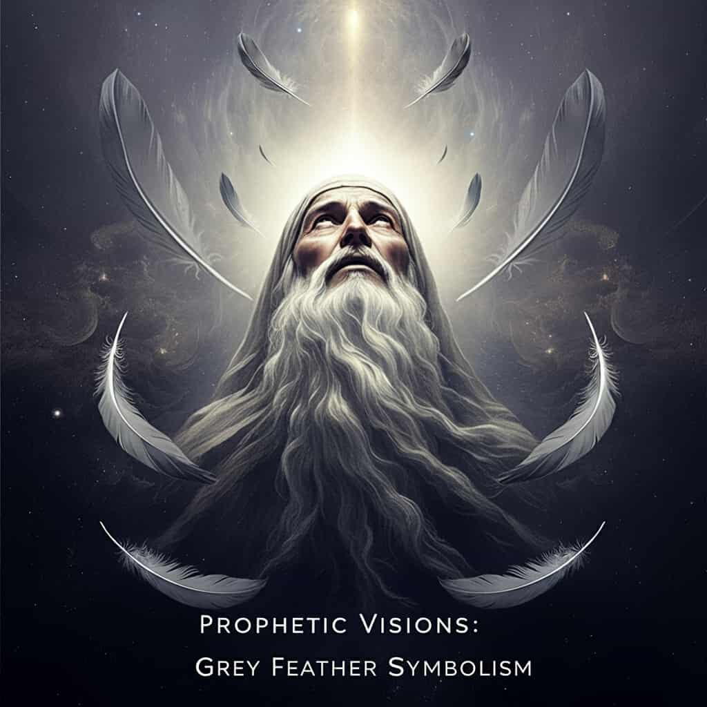 A prophet-like figure surrounded by swirling grey feathers and celestial bodies, representing the role of grey feathers in biblical prophecy and visions.