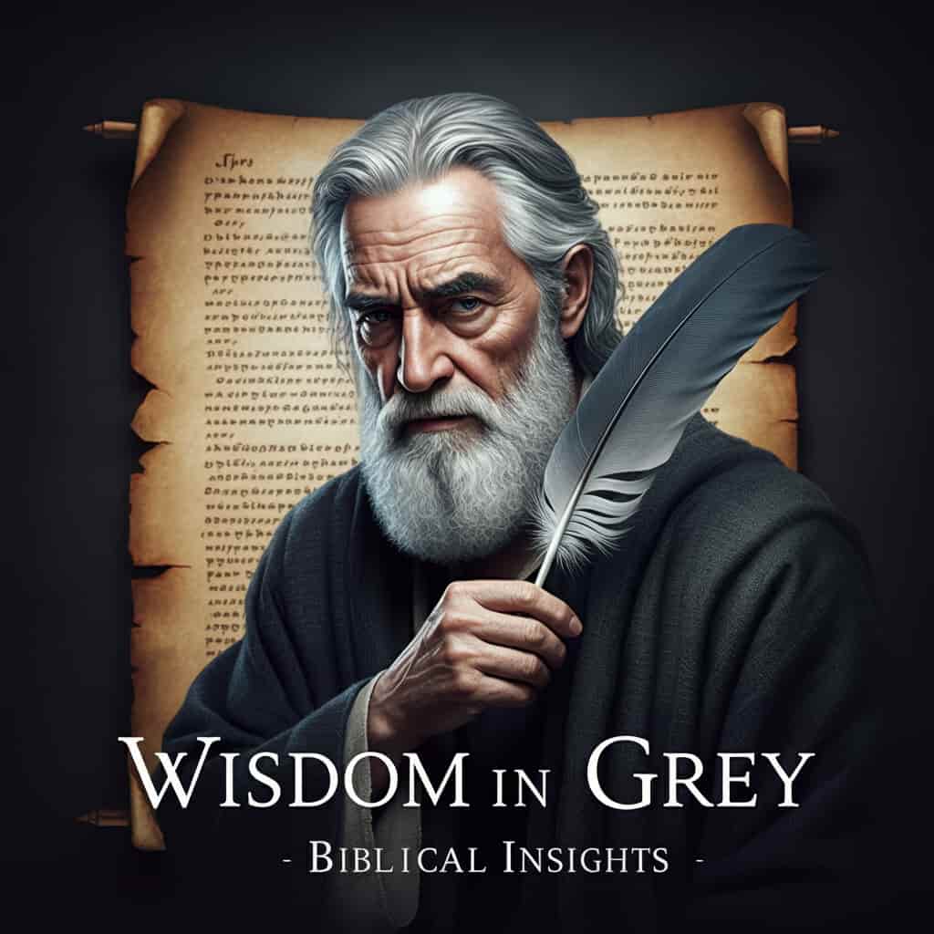 An elderly man with grey hair holds a grey feather, symbolizing divine wisdom, with an ancient scroll in the background representing biblical insights.