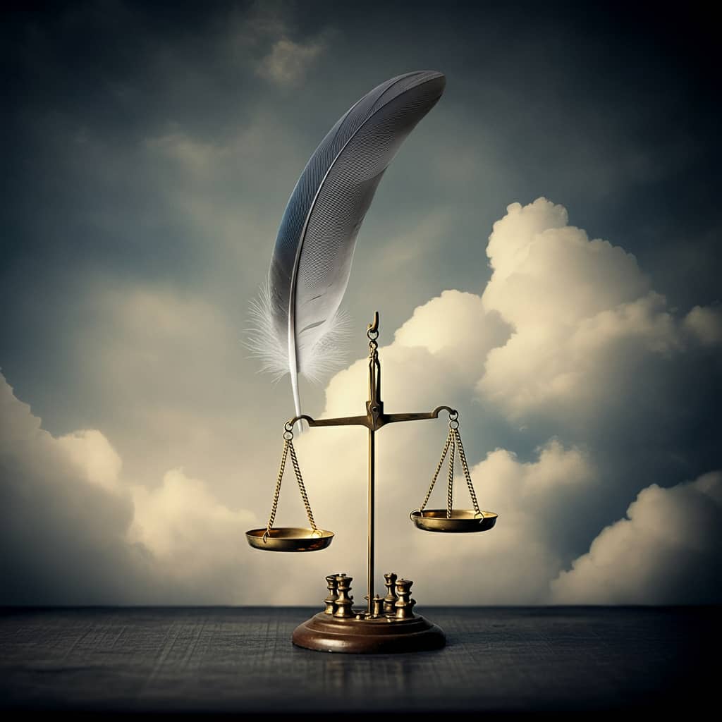 A grey feather balanced on antique scales against a cloudy background, representing biblical wisdom and spiritual equilibrium.