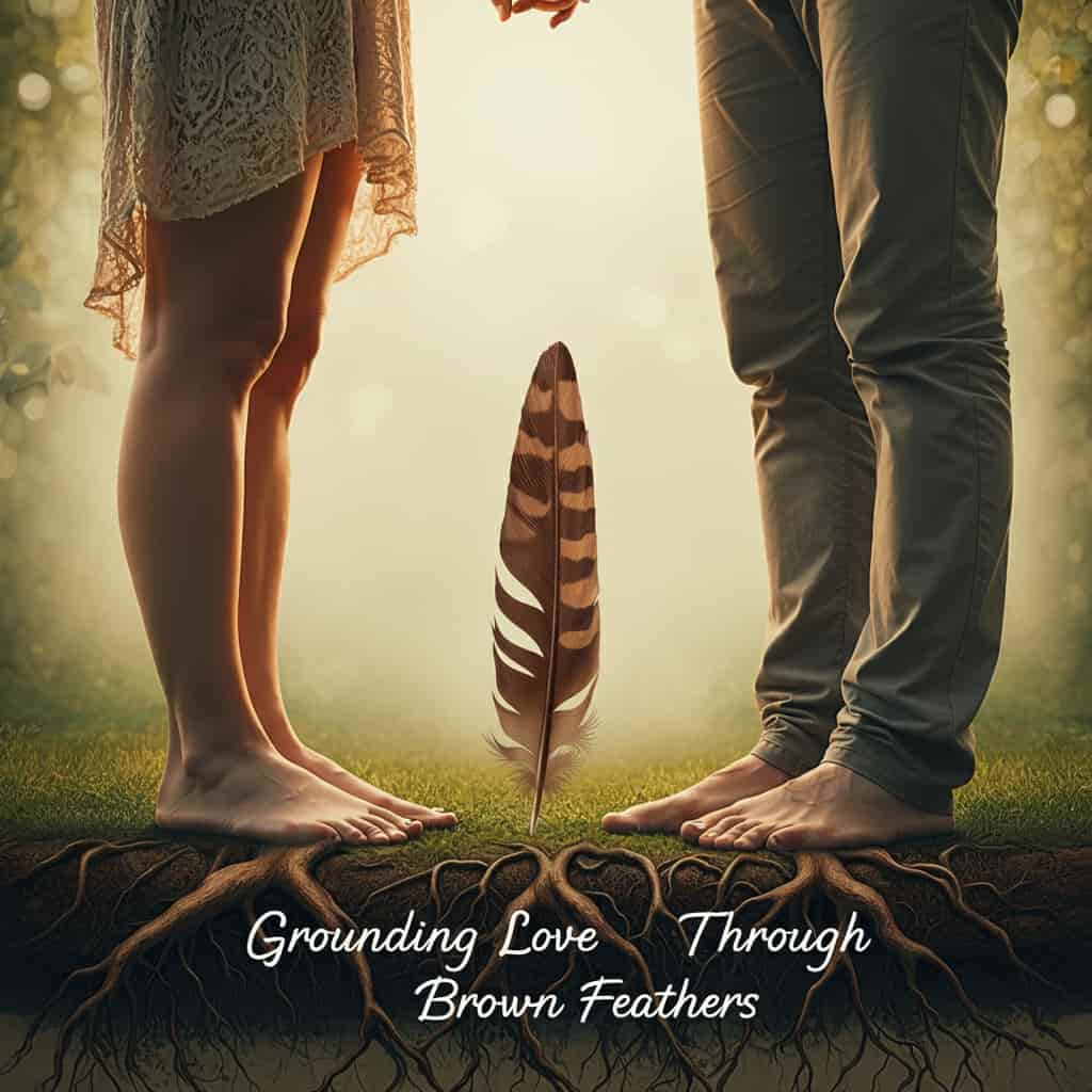 A couple standing barefoot on grass, holding hands with a brown feather between their feet and tree roots intertwining, representing grounded love, with the title "Grounding Love Through Brown Feathers" displayed.