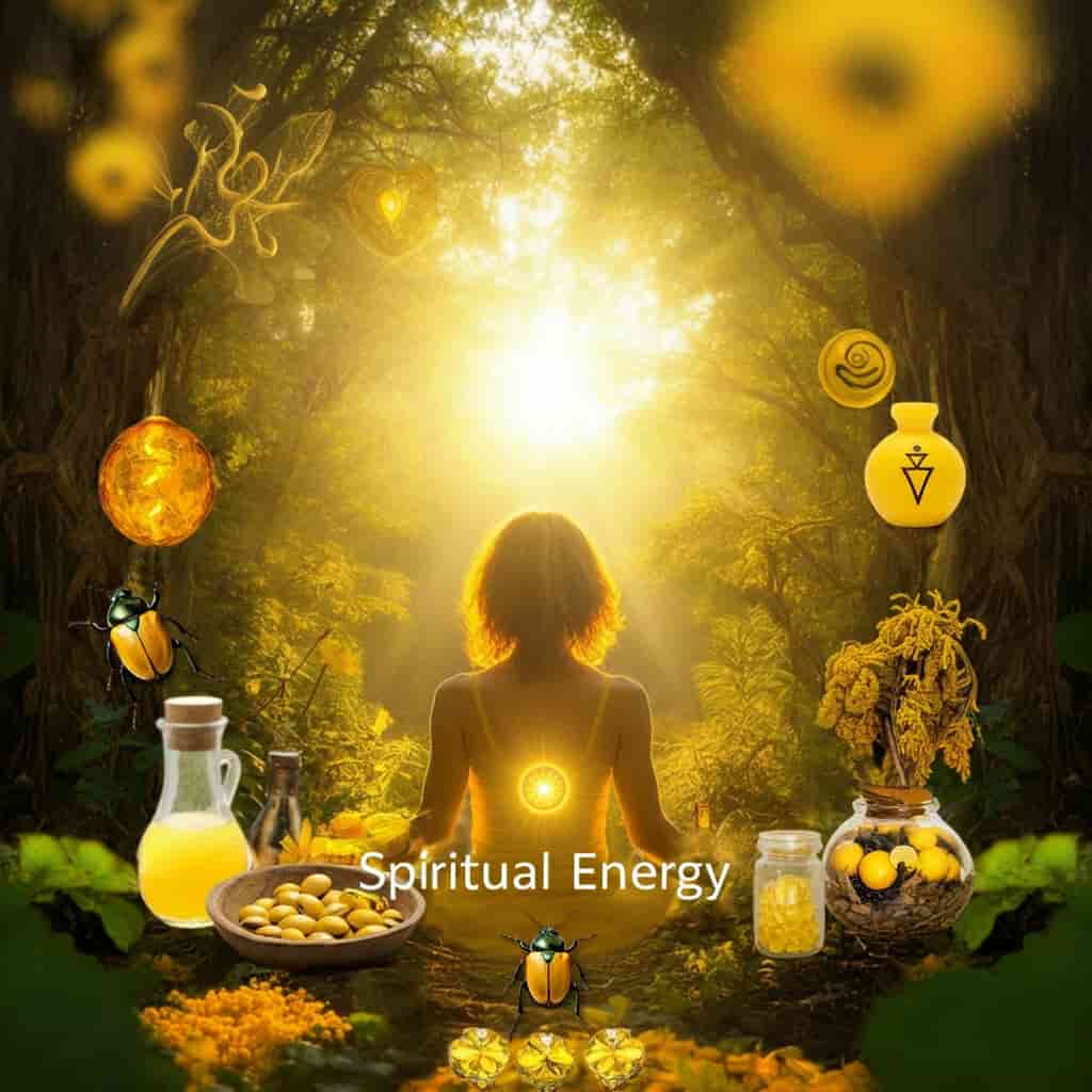 A person in a garden setting surrounded by yellow objects and beetles, representing the process of harnessing the spiritual energy associated with yellow beetles.