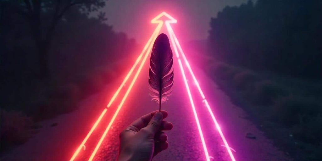 Person at a crossroads holding a black and grey feather, with illuminated paths ahead, representing the incorporation of black and grey feather wisdom in life choices.