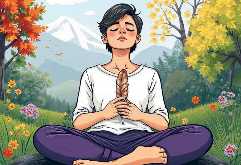A person sits peacefully in nature, holding a light brown feather to their heart, surrounded by elements of all seasons, symbolizing the integration of spiritual wisdom.