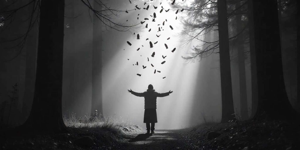 Mystical forest scene with black and grey feathers falling from the sky and a person with outstretched arms, representing the interpretation of black and grey feather appearances.