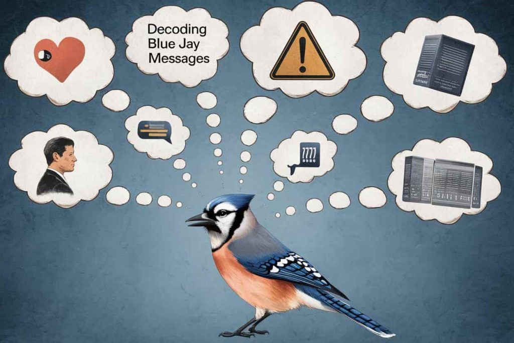 Artistic depiction of a blue jay with thought bubbles containing various symbols, representing different interpretations of spiritual messages, with the title "Decoding Blue Jay Messages".