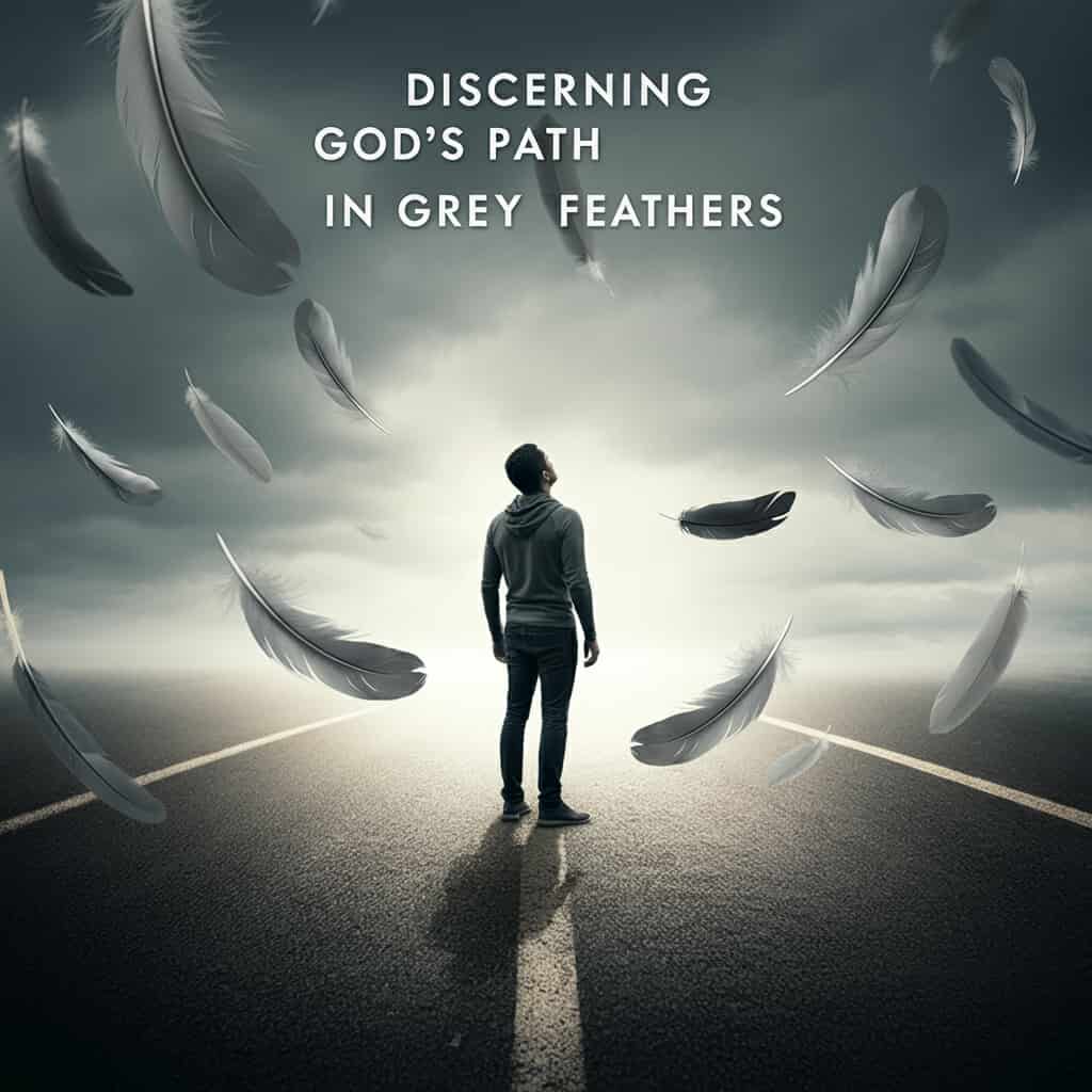 A person stands at a crossroads with grey feathers falling from the sky, illustrating the concept of interpreting divine guidance through grey feathers in a biblical context.