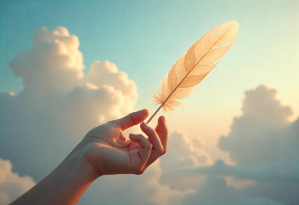 A hand holds a light brown feather against a cloudy sky with ethereal shapes, representing the interpretation of spiritual encounters.