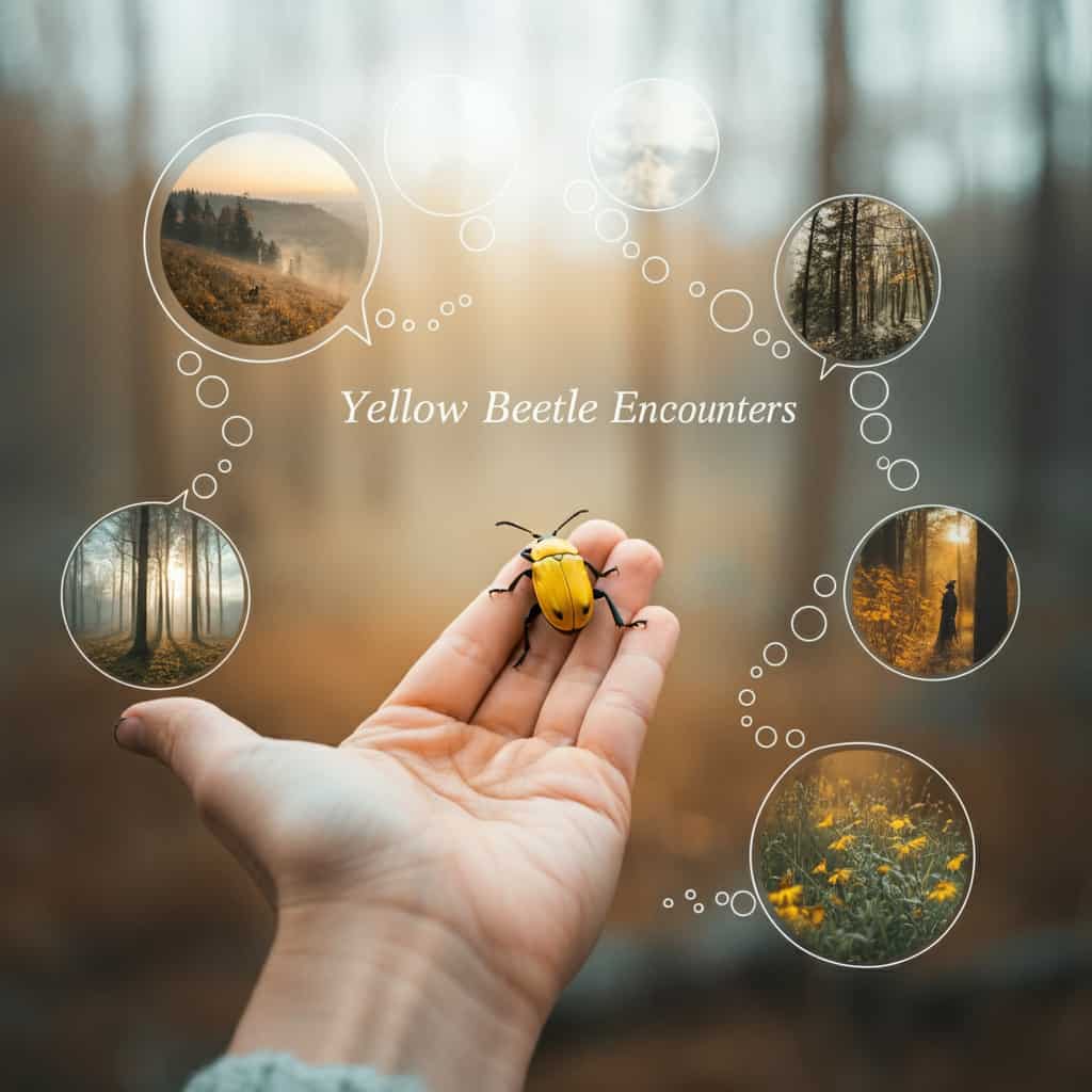 A hand holding a yellow beetle against changing natural backgrounds, illustrating the process of interpreting spiritual meanings from yellow beetle encounters.