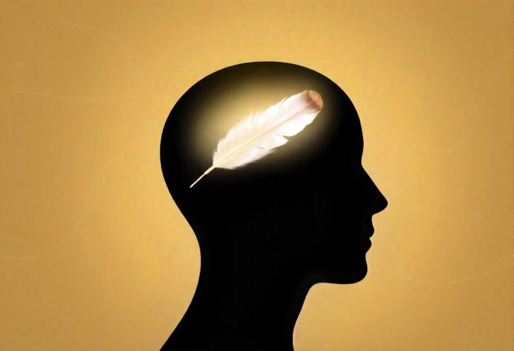 Silhouette of a human head with a glowing brain area containing a white feather with brown tip, symbolizing intuition and inner wisdom.