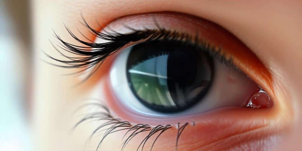 Close-up of an eye with a black and grey feather reflected in the pupil, expressing wonder and understanding to represent emotional and intuitive interpretations.