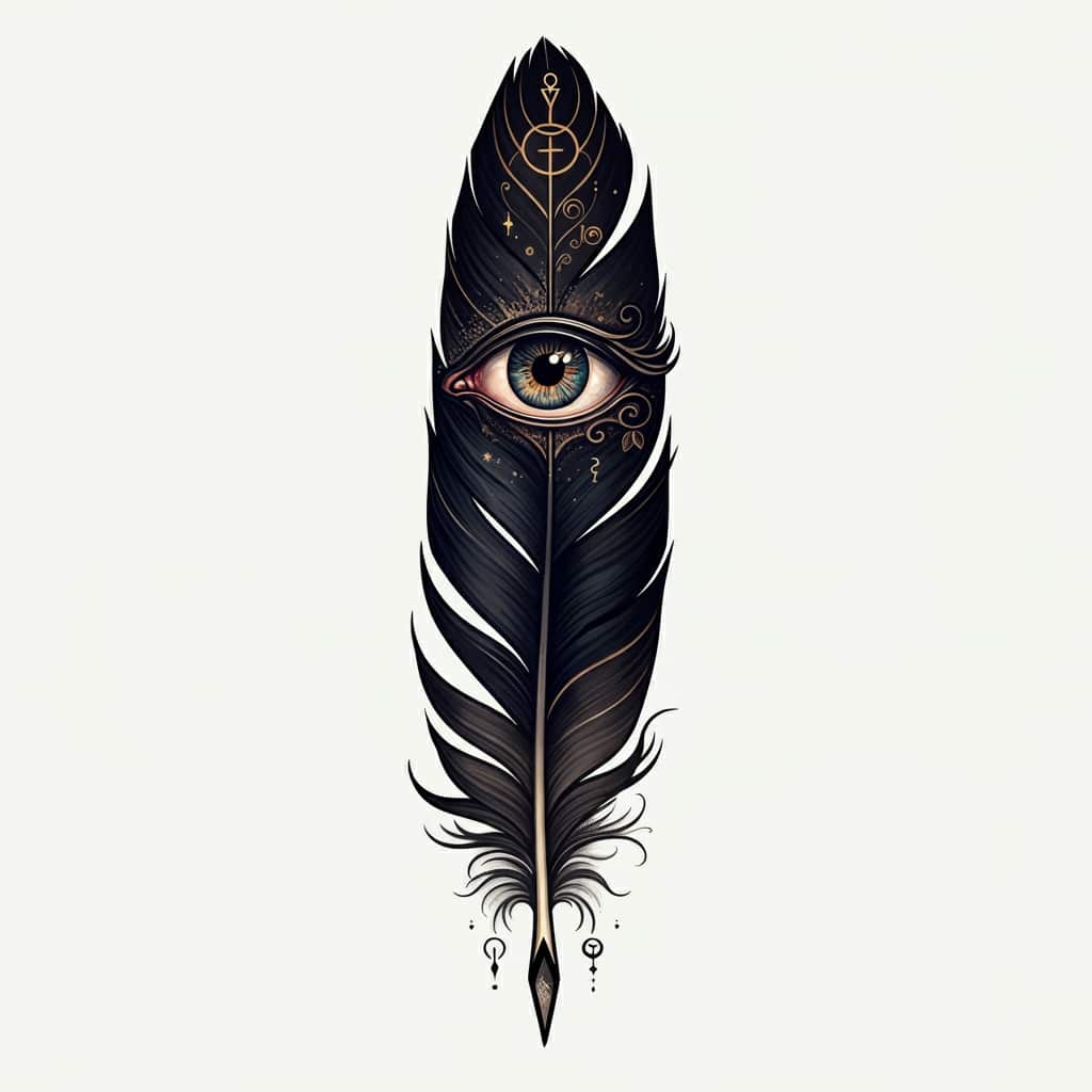 A striking crow feather tattoo featuring an eye at its base with intricate patterns radiating outward, symbolizing enhanced intuition and psychic abilities.