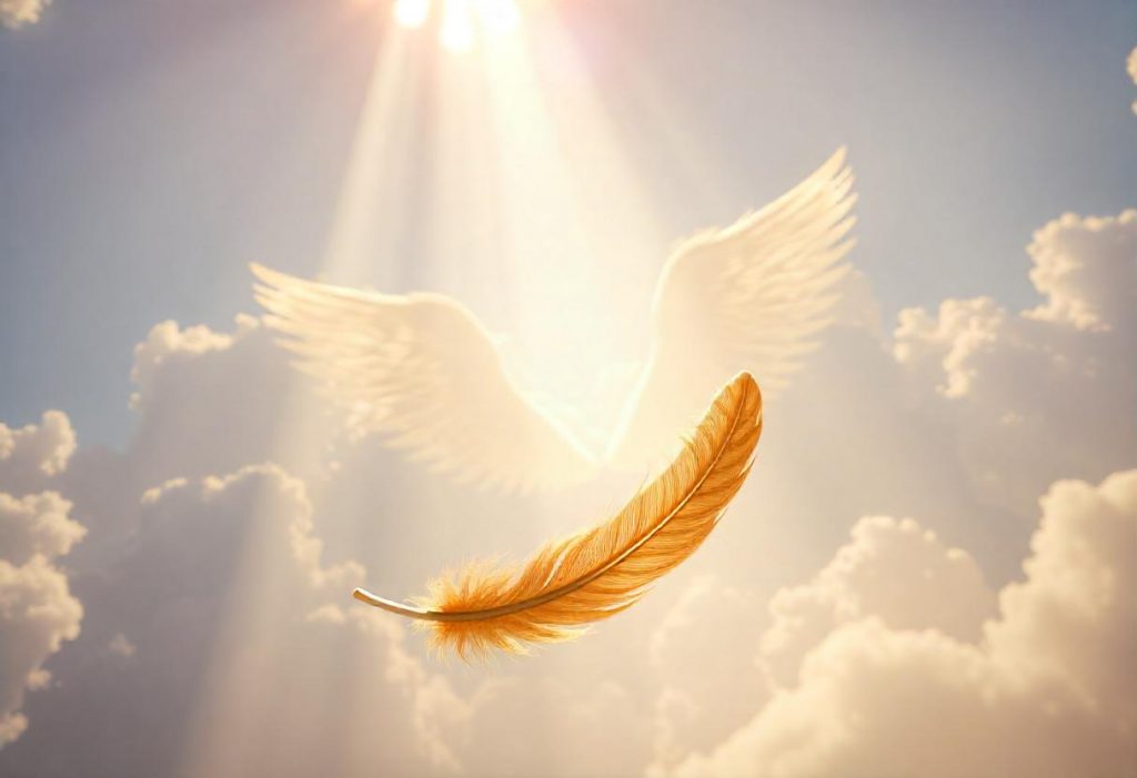 Shafts of light break through clouds forming wing shapes, with a light brown feather floating in the foreground, symbolizing angelic communication.