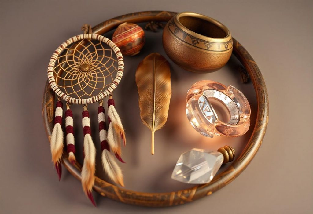 A circular arrangement of cultural artifacts - dreamcatcher, singing bowl, and crystal - with a central light brown feather, illustrating diverse spiritual perspectives.