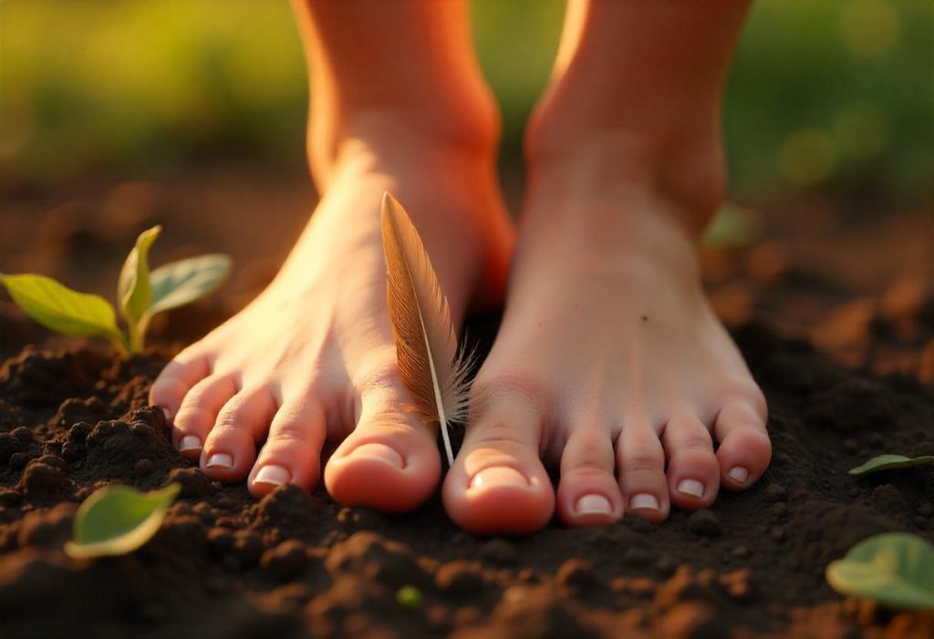 Bare feet on soil with a light brown feather between the toes, surrounded by small plants and roots, symbolizing grounding and earthly connection.