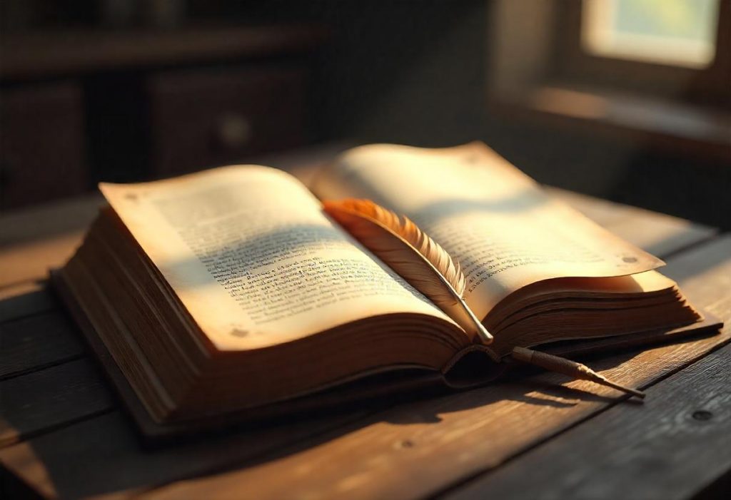 An open book with a light brown feather bookmark on a wooden table, pages turning, symbolizing the revealing of spiritual messages and lessons.