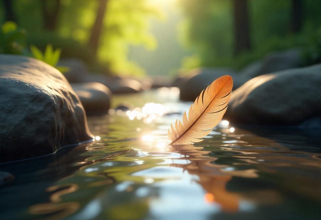 A light brown feather floats on a tranquil stream flowing over rocks, sunlight dappling through trees, illustrating trust in life's natural flow.