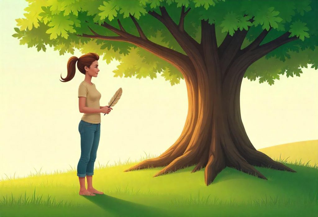 A person stands barefoot on grass, holding a light brown feather, with a majestic tree in the background, illustrating spiritual grounding and growth.
