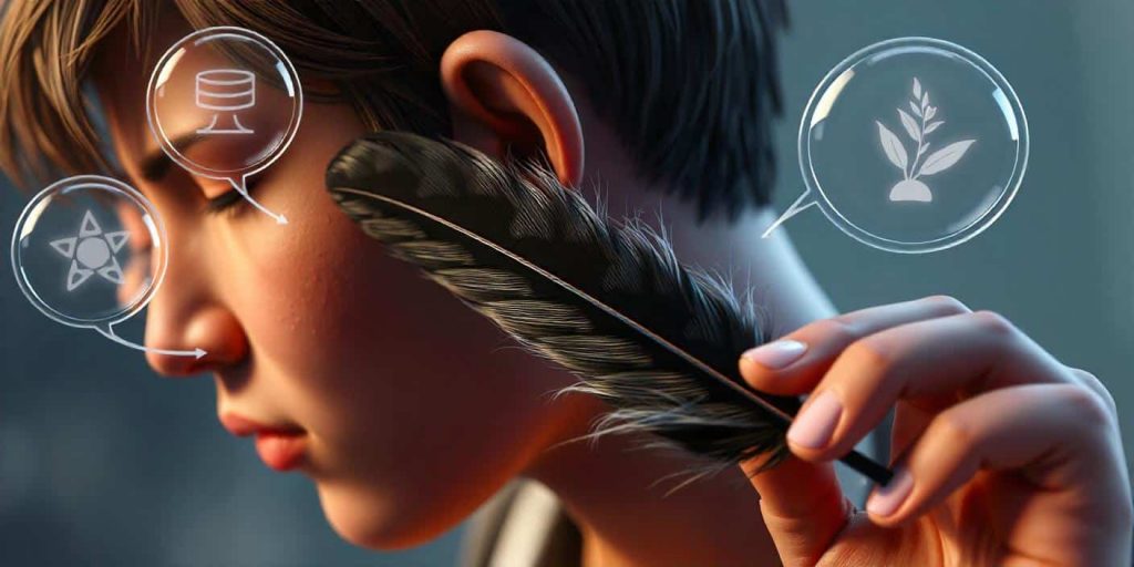 Person holding a black and grey feather to their ear with thought bubbles containing symbols of wisdom, balance, and growth, representing the messages and lessons from these feathers.