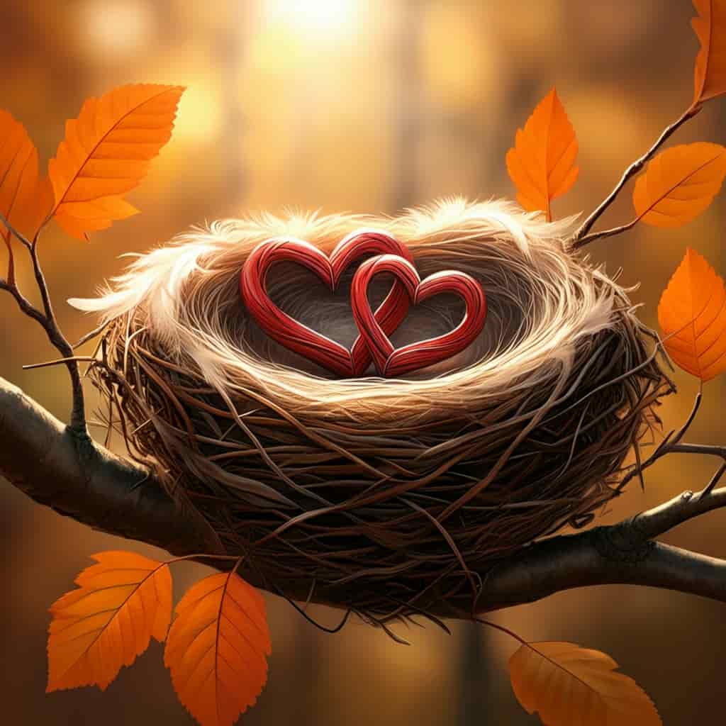 A nest made of brown feathers cradling two intertwined hearts on a strong tree branch with autumn leaves, symbolizing nurturing love and emotional security